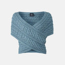 A10106 Color MISTY BLUE Ladies Aran Cable Knit Wrap Cardigan Front View Gaelsong