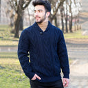A20031 One Button Shawl Collar Irish Sweater Navy Lifestyle Gaelsong
