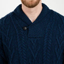 A20031 One Button Shawl Collar Irish Sweater Navy Close Up Gaelsong
