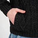 A20031 One Button Shawl Collar Irish Sweater Charcoal Pocket Close Up Gaelsong
