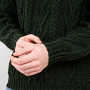 A20031 One Button Shawl Collar Irish Sweater Green Sleeves Close Up Gaelsong
