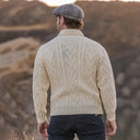 A20031 One Button Shawl Collar Irish Sweater Natural Back View Lifestyle Gaelsong
