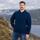 A20031 One Button Shawl Collar Irish Sweater Blue Lifestyle Gaelsong
