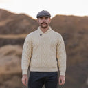 A20031 One Button Shawl Collar Irish Sweater Natural Lifestyle Gaelsong
