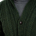 A20112 Men's Cable Shawl-Collar Aran Cardigan Green Close Up Gaelsong
