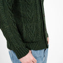 A20112 Men's Cable Shawl-Collar Aran Cardigan Green Close Up  Gaelsong
