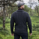 A20112 Men's Cable Shawl-Collar Aran Cardigan Charcoal Lifestyle Back View Gaelsong
