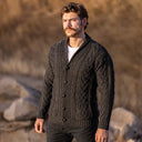 A20112 Men's Cable Shawl-Collar Aran Cardigan Charcoal Lifestyle  Gaelsong
