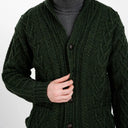 A20112 Men's Cable Shawl-Collar Aran Cardigan Green Close Up Gaelsong
