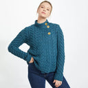A20145 TEAL BLUE Colour Asymmetrical Three Button Irish Wool Cardigan Lifestyle Gaelsong