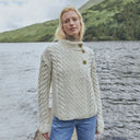A20145 NATURAL WHITE Colour Asymmetrical Three Button Irish Wool Cardigan Lifestyle View Gaelsong