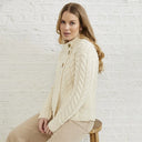 A20145 NATURAL WHITE Colour Asymmetrical Three Button Irish Wool Cardigan Side View Gaelsong