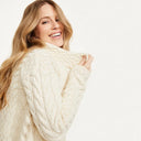 A20145 NATURAL WHITE Colour Asymmetrical Three Button Irish Wool Cardigan Closeup View Gaelsong