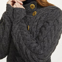 A20145 SLATE GREY ColourAsymmetrical Three Button Irish Wool Cardigan Closeup View Gaelsong