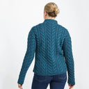 A20145 TEAL BLUE Colour Asymmetrical Three Button Irish Wool Cardigan Back Side Gaelsong