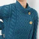 A20145 TEAL BLUE Colour Asymmetrical Three Button Irish Wool Cardigan Closeup View Gaelsong