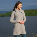 A20156 Asymmetrical Irish Sweater Coat with Chunky Collar Grey Lifestyle Gaelsong