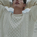 A20182 NATURAL WHITE Colour Heavyweight Traditional Irish Fisherman Sweater Chest Closeup Gaelsong