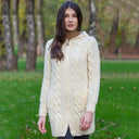 A20184 Aran Cable Knit Hooded Zip Coatigan White Gaelsong
