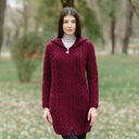 A20189 Celtic Zip Aran Wool Coatigan Wine Opened Gaelsong
