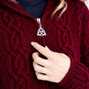 A20189 Celtic Zip Aran Wool Coatigan Wine Zip Close Up  Gaelsong
