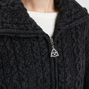 A20196 Double Collar Zip Irish Cardigan Charcoal Close Up Gaelsong
