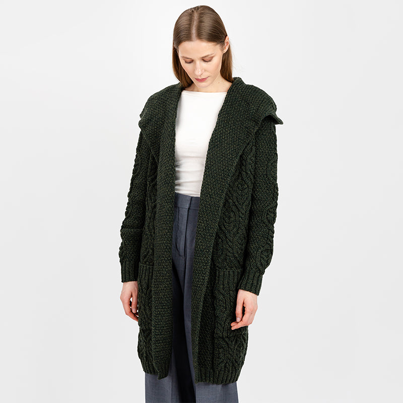 Women's Hooded Long Open Irish Cardigan | 100% Merino Wool