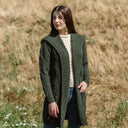 A20208 Women's Hooded Long Open Irish Cardigan Green Lifestyle Close Up Gaelsong
