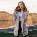 A20208 Women's Hooded Long Open Irish Cardigan Grey Lifestyle Close Up Gaelsong
