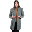 A20208 Women's Hooded Long Open Irish Cardigan Wine Pocket Close Up Misty Blue Studio Gaelsong
