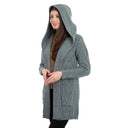 A20208 Women's Hooded Long Open Irish Cardigan Wine Pocket Close Up Misty Blue Side View Gaelsong
