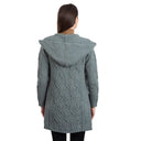 A20208 Women's Hooded Long Open Irish Cardigan Wine Pocket Close Up Misty Blue Gaelsong
