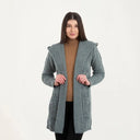 A20208 Women's Hooded Long Open Irish Cardigan Wine Pocket Close Up Misty Blue Studio Gaelsong
