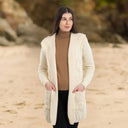 A20208 Women's Hooded Long Open Irish Cardigan White Lifestyle Gaelsong
