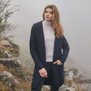A20208 Women's Hooded Long Open Irish Cardigan Navy Lifestyle Close Up Gaelsong
