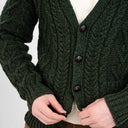 A20229 Men's Merino Wool Button-Up Irish Cardigan Army Green Buttons Close Up Gaelsong

