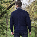 A20229 Men's Merino Wool Button-Up Irish Cardigan Navy Lifestyle Back View Gaelsong
