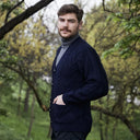 A20229 Men's Merino Wool Button-Up Irish Cardigan Navy Lifestyle Side View Gaelsong
