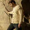 A20229 Men's Merino Wool Button-Up Irish Cardigan Natural White Lifestyle Side View Gaelsong
