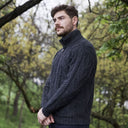 Men's Full Zip Merino Aran Cardigan Charcoal Side View Studio Gaelsong