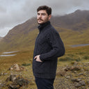 Men's Full Zip Merino Aran Cardigan Charcoal Lifestyle  Gaelsong