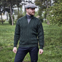 Men's Full Zip Merino Aran Cardigan Green Lifestyle Front View Gaelsong