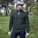 Men's Full Zip Merino Aran Cardigan Green Lifestyle Front View Gaelsong