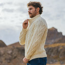 A20231 NATURAL WHITE Colour Men's Full Zip Merino Aran Cardigan Side View Gaelsong

