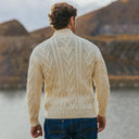A20231 NATURAL WHITE Colour Men's Full Zip Merino Aran Cardigan Back Side View Gaelsong
