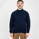 Men's Full Zip Merino Aran Cardigan Navy Front View Studio Gaelsong