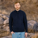 Men's Full Zip Merino Aran Cardigan Navy Lifestyle Gaelsong