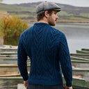 A20232 Men's Irish Aran Sweater in Ocean Blue Colour Lifestyle Back Side Gaelsong
