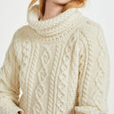 A20243 NATURAL WHITE Colour Traditional Irish Roll Neck Sweater Closeup View Gaelsong