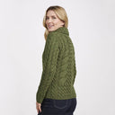 A20244 MEADOW GREEN Colour Cable Knit Button-Up Aran Cardigan Back Side View Gaelsong